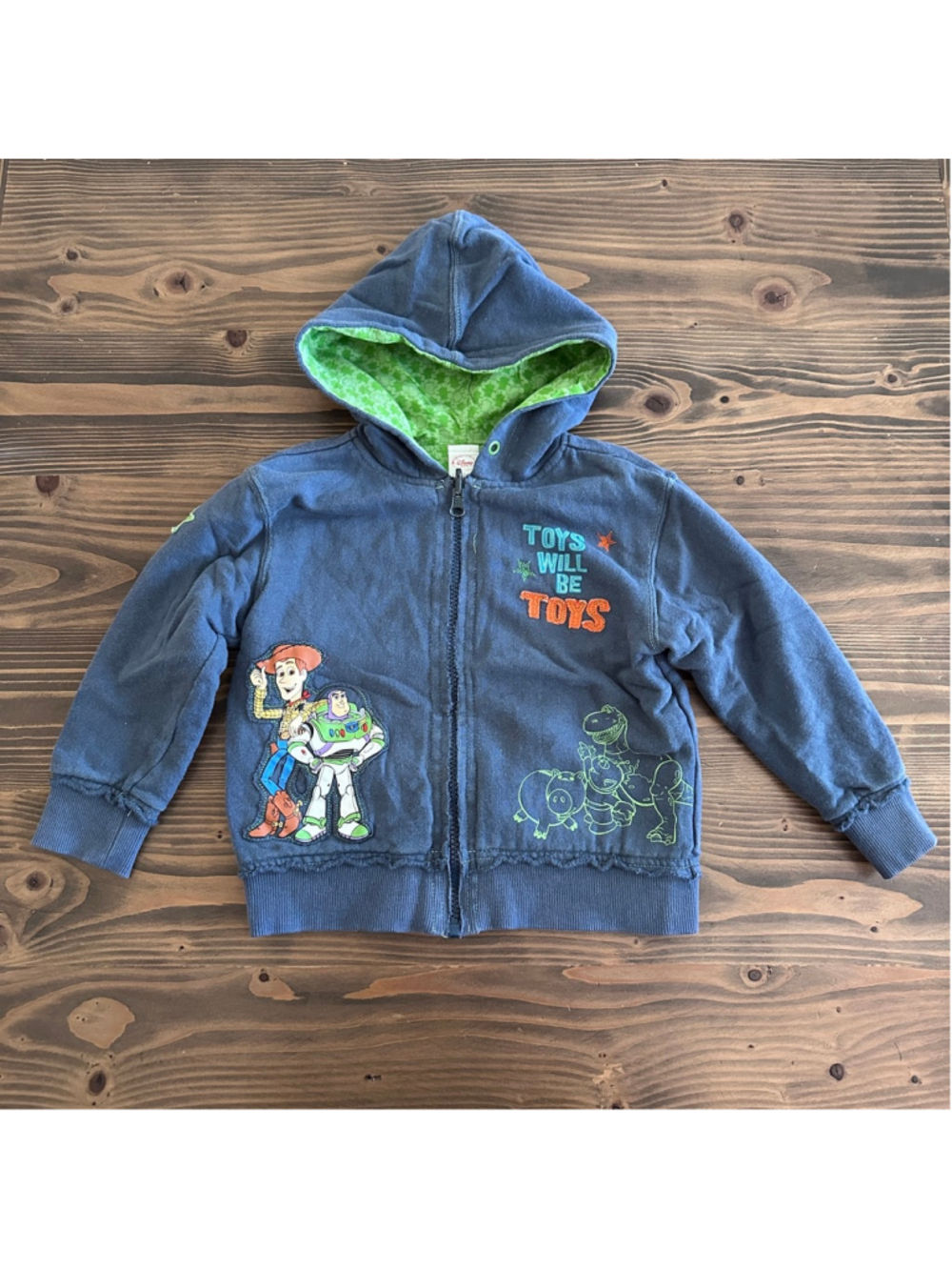 Disney Toy Story Hoodie Boys 2T Blue Green Buzz Woody Zip Up